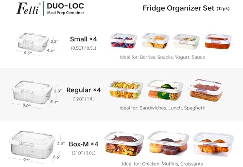 Felli Duo Loc Meal Prep Container for Refrigerator, Leak Proof Stackable Kitchen Tupperware for Leftovers Food Storage Travel Lunch Container, Christmas Gift for Her (Fridge Organizer 12pk)