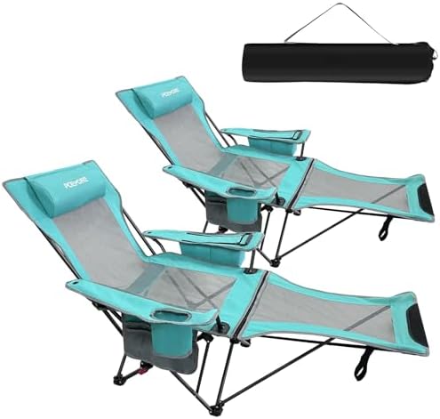 2-Pack Reclining Camping Chair 4 Position with Foot Rest Comfortable for Adults 265Ibs Folding Lounger Mesh Beach Chair with Cooler Bag and Cup Holder for Outdoor Patio