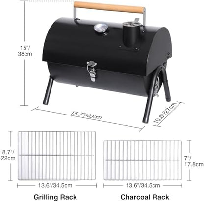 Portable Charcoal Grills with Thermometer, Heavy Duty Small BBQ Grill, Easy to Carry Compact Outdoor Camping Grill with Lid for Backyard Party Picnic Travel Hiking Beach Cooking