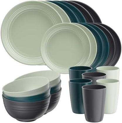 Quatish 24 Pcs Plates and Bowls Sets, Plastic Dinnerware Sets for 6, Green