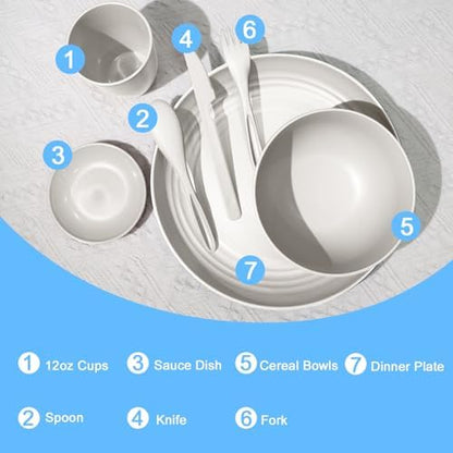 Wrova Wheat straw dinnerware sets - 28 Pieces dish sets service for 4 - Lightweight and Unbreakable Plates and Bowls Sets for Travelling and Camping.White