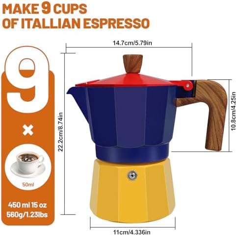 9 Cup Aluminum Espresso Stovetop Moka Pot Express Coffee Maker Percolator Italian Classic Mocha Coffee Machine for Italian and Cuban Cafe Brewing for Home & Camping 450ml 15oz