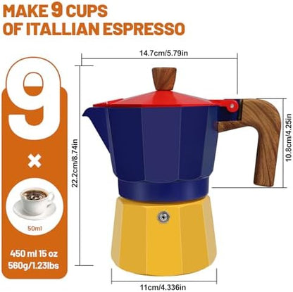 9 Cup Aluminum Espresso Stovetop Moka Pot Express Coffee Maker Percolator Italian Classic Mocha Coffee Machine for Italian and Cuban Cafe Brewing for Home & Camping 450ml 15oz