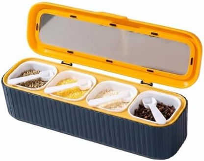 Clear Seasoning Box, 4PCS Seasoning Rack Spice Pots, Storage Container Condiment Jars Seasoning Box with Clear Covers and Spoons for Spice, Sugar, Salt, Pepper, Garlic Powder (Blue)