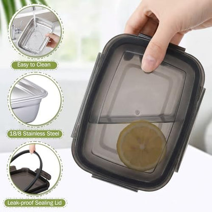 8 Pcs 304 Stainless Steel Food Storage Containers with Lids Leakproof, Reusable Airtight Meal Preparation Container Round and Square Stackable Food Container for Kitchen Picnic(Black Lids)