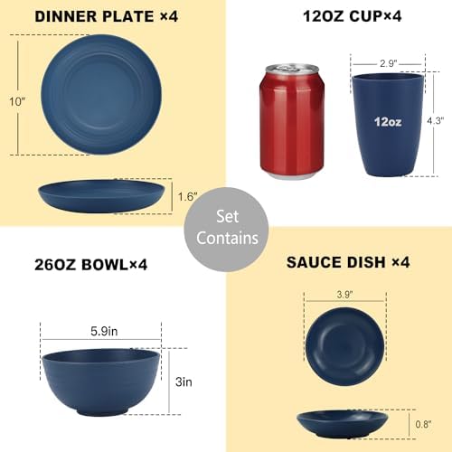 Wheat Straw Dinnerware Sets for 4,Dishwasher & Microwave Safe Plates and Bowls Sets 16 PCS,Unbreakable Dish Sets for Kitchen,Camping and Outdoor, Dinner Plate,Sauce Dish,Cereal Bowl,Cups- Multi color