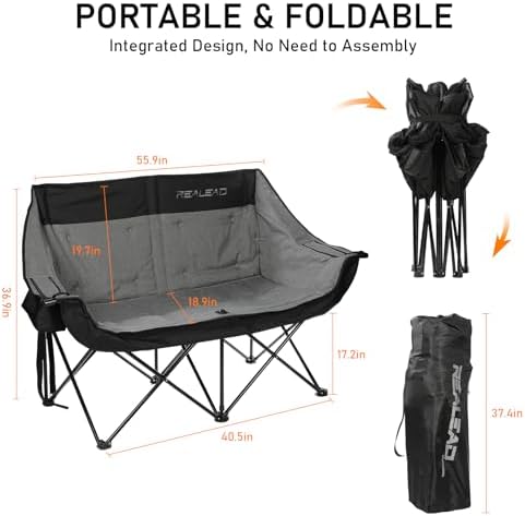 REALEAD Double Camping Chair Heavy Duty Camping Couch Support 650 lbs