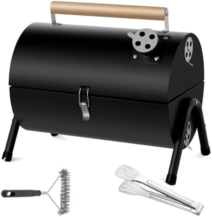 Portable bbq Charcoal Grill Small Folding Table Top Charcoal Grill for Outdoor Camping Two Side Carbon Smoker Griller with bbq Grill Brush and Metal Tongs (Black)