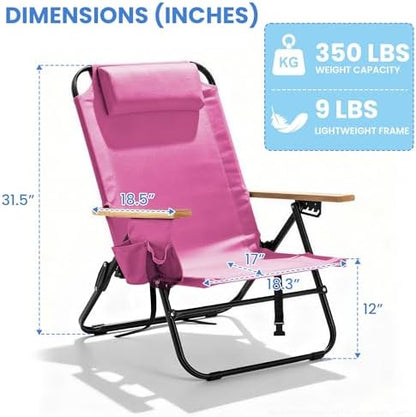 2 Pack Premium 5-Position Reclining Camping Chair - Portable Folding Lightweight Outdoor Chair with Wooden Armrests, Headrest & Pockets, 350lbs Heavy Duty for Beach, Patio, Backyard, Pink