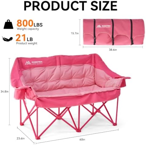 Huskfirm Padded Double Camping Chair, Heavy Duty Camping Loveseat, Pink