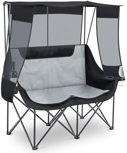 Teenyyou Double Camping Chair with Canopy 660lbs Heavy Duty, Black and Grey