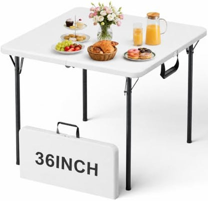 Folding Table, 36in Folding Table Portable with Built-in Handle, Plastic Table with Heavy Duty Steel Legs Supports to 300lbs, Suitable for Party, Camping, Events Indoor&Outdoor Use, White