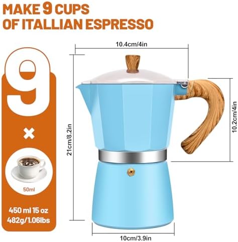 9 Cup Aluminum Espresso Stovetop Moka Pot Express Coffee Maker Percolator Italian Classic Mocha Coffee Machine for Italian and Cuban Cafe Brewing for Home & Camping 450ml 15oz