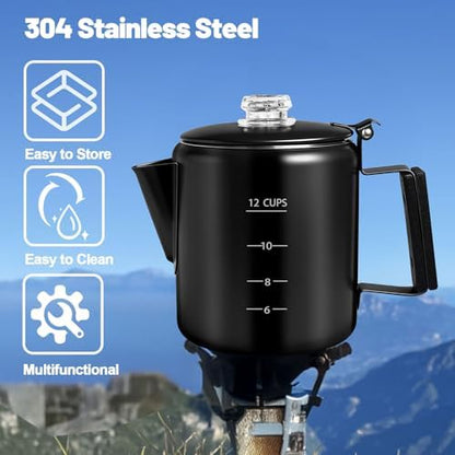 12 Cup Percolator 304 Stainless Steel Coffee Pot Coffee Maker Coffee Machine with Solid Wood Handle Transparent Knob Stovetop Greca Mocha for Induction Home and Camping 2200ml 74.4oz