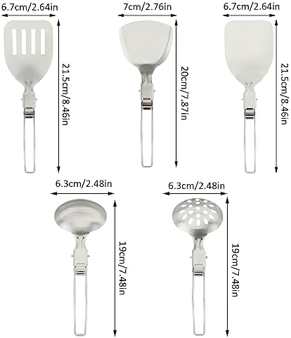 Camping Kitchen Utensil Set, 5Pcs Portable Foldable Stainless Steel Outdoor Cooking Utensil, Practical Folding Soup Ladles Strainer Spatula Kitchen Gear for Outdoor Camping