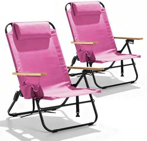 2 Pack Premium 5-Position Reclining Camping Chair - Portable Folding Lightweight Outdoor Chair with Wooden Armrests, Headrest & Pockets, 350lbs Heavy Duty for Beach, Patio, Backyard, Pink