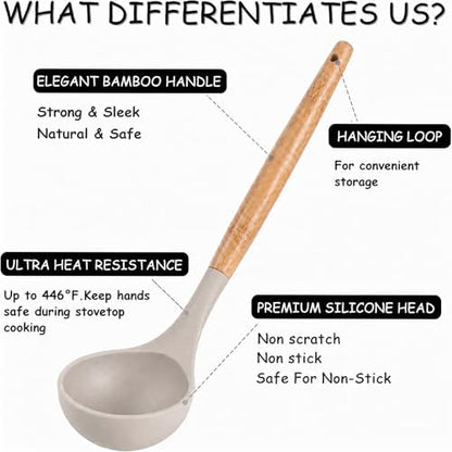 MIBOTE Silicone Cooking Kitchen Utensils Set, Wooden Handle, Khaki