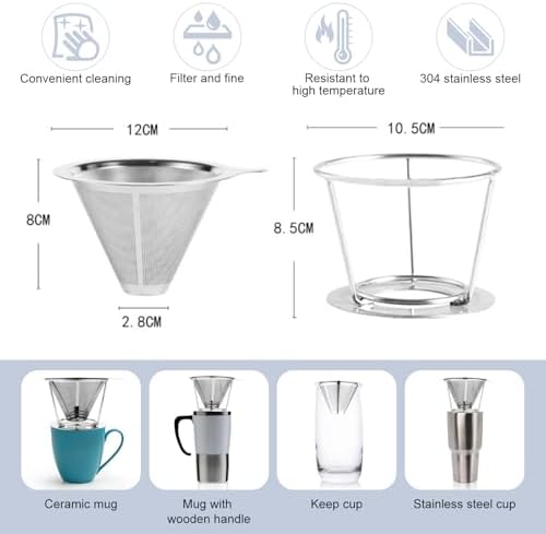 Pour Over Coffee Maker,Coffee Filter,Slow Drip Paperless Stainless Steel Cone Coffee Dripper(1-2 Cup)