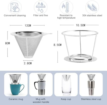 Pour Over Coffee Maker,Coffee Filter,Slow Drip Paperless Stainless Steel Cone Coffee Dripper(1-2 Cup)