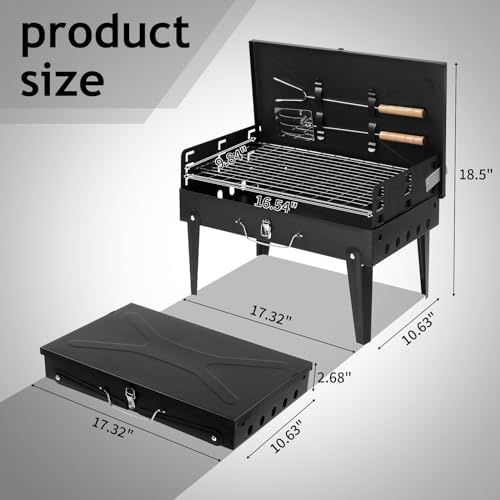 17" Portable Folding Charcoal Grill,Tabletop Outdoor Barbecue Smoker,Heavy Duty Outdoor BBQ Grill,Portable Vertical Camping Barbecue Grill,with Lid,for Garden Patio Beach Backyard (Black)