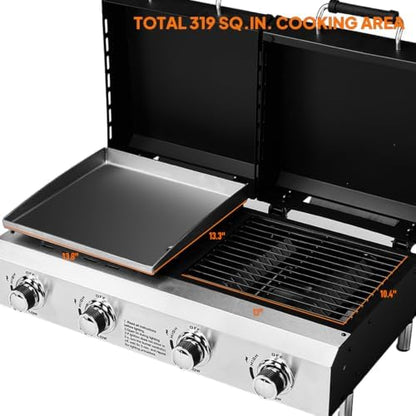 ROVSUN 4 Burner Propane Gas Grill & Griddle Combo, 40000 BTU Tabletop Flat Top Griddle & BBQ Grill with Ignition, Lids & Portable Cart for Outdoor Backyard Cooking Barbecue