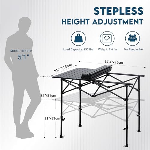 LOFTEY Aluminum Folding Camping Table, Height Adjustable Roll Up Table