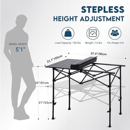LOFTEY Aluminum Folding Camping Table, Height Adjustable Roll Up Table