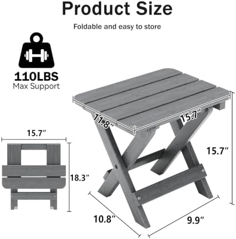 Folding Outdoor Side Table,Small HDPE Patio Table,All-Weather Compact Portable End Table for Patio,Porch,Pool,Grey,11.8" D x 15.7" W x 15.7" H