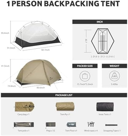 Naturehike Mongar Upgraded 1/2/3 Person Backpacking Tent,Waterproof Lightweight Camping Tent with Footprint