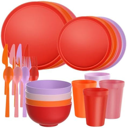 28 Piece Plates and Bowls Sets for 4, Kitchen Dinnerware Sets, Plastic