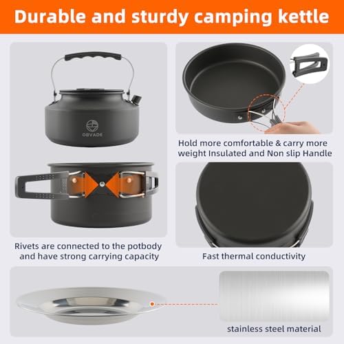 Camping Cookware Set 17 pcs Camping Cooking 0.30G Kettle 0.45G Pot 7 in Pan and 2pcs Stainless Steel Cups Plates Forks Knives Spoons Bag for 1-2 People Backpacking Hiking Picnic