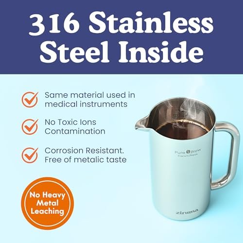 Non-Toxic Stainless Steel French Press, No Plastic or Heavy Metals, 34 oz