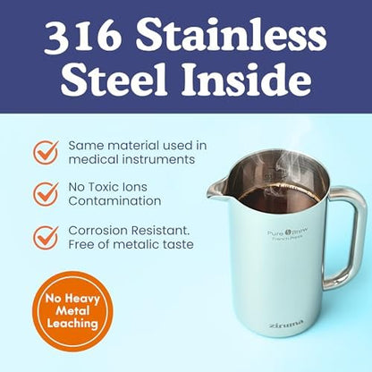 Non-Toxic Stainless Steel French Press, No Plastic or Heavy Metals, 34 oz