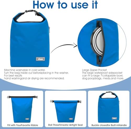 Pet Food Storage Bag Dog Storage Organizer Bag 2PCS Collapsible Dog Travel Bowls and Zipper Side Pocket for Home(Blue, Large)