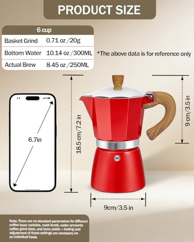 Coffee Maker Stovetop Espresso Maker 6 Cup Aluminum Moka Pot Percolator 10oz 300ml Easy Brewing for Electric Ceramic Stoves Home Camping Italian Cuban Café Classic Red