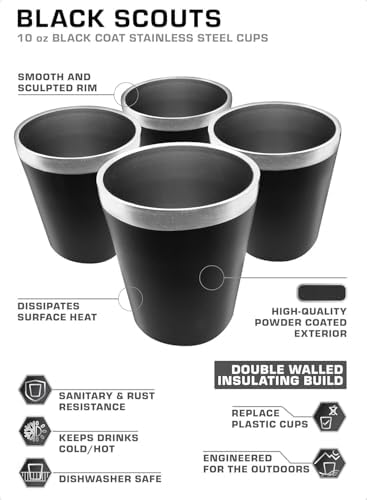 COLETTI Bozeman & Scouts Coffee Serving Sets — Percolator Coffee Pot Camping Coffee Maker & Double Walled Stainless Steel Cups — NO Aluminum or Plastic [9 Cup Percolator, 10 oz Cups] (Black)