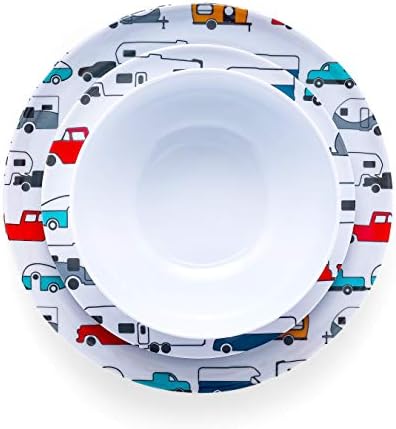 Camco Life is Better at The Campsite Dishware Set | Features a Virtually Unbreakable Melamine Construction, is Top Rack Dishwasher Safe, and has a Multicolored RV-Themed Design | 12-Piece (53297)