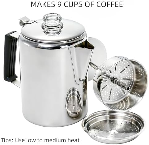 Cididu Camping Coffee Pot Stainless Steel, Coffee Pot Outdoors, Durable Stove Top Brew Coffee Maker on Fire, Ideal for Group Camping, Hiking, Backpacking, RV and Travel, 9 Cups