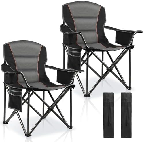 2 Pack Padded Oversized Camping Chairs for Adults,Heavy Duty Support 400 Lbs,Folding Portable Lawn Chair w/Cup Holder,Cooler Bag,Side Pocket,Perfect for Outdoor Picnic,Hiking(Black)