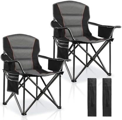 2 Pack Padded Oversized Camping Chairs for Adults,Heavy Duty Support 400 Lbs,Folding Portable Lawn Chair w/Cup Holder,Cooler Bag,Side Pocket,Perfect for Outdoor Picnic,Hiking(Black)