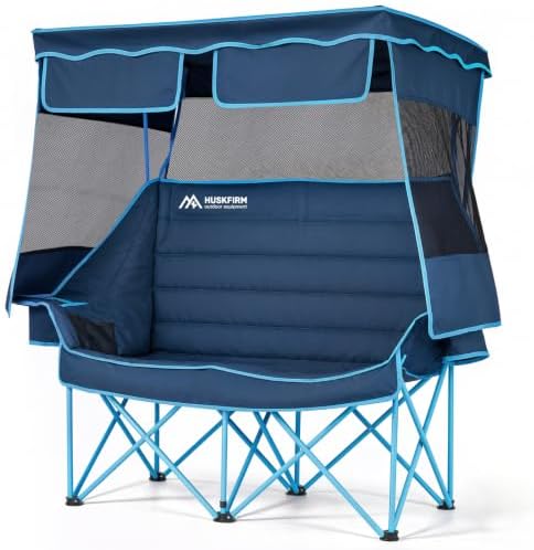 Huskfirm Double Camping Chair with Canopy Shade Folding Heavy Duty Blue