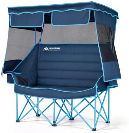 Huskfirm Double Camping Chair with Canopy Shade Folding Heavy Duty Blue