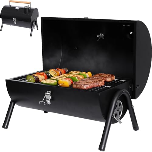 Portable Charcoal Grills with Thermometer, Heavy Duty Small BBQ Grill, Easy to Carry Compact Outdoor Camping Grill with Lid for Backyard Party Picnic Travel Hiking Beach Cooking