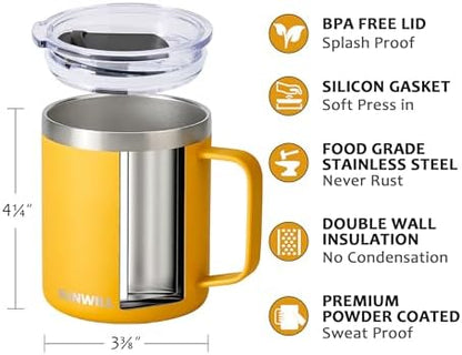 SUNWILL Insulated Coffee Mug with Lid, Travel Tumbler with Handle, 14 oz Stainless Steel Cup for Camping, Office, Home, Powder Coated Yellow