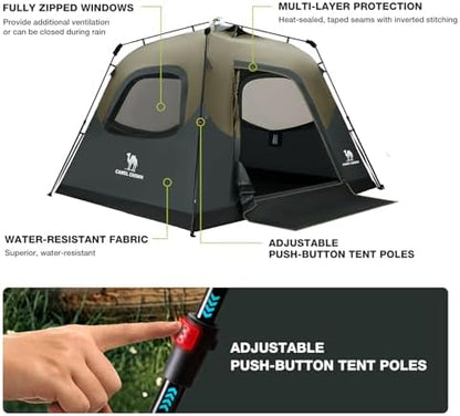 CAMEL CROWN 4/6 Person Instant Cabin Tent, Pop Up Windproof Tents for Camping, 60-Second Setup Family Tent with Carry Bag for Outdoor Hiking