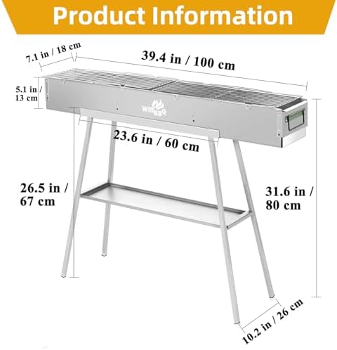 WILLBBQ Charcoal Grill, Portable BBQ Grill with Removable Stand & Shelf