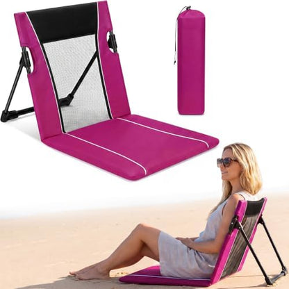 1pack Foldable Floor Chair with Back Support Folding Beach Chair, Rose Red