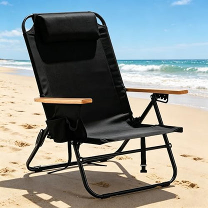 2 Pack Lightweight Portable Camping Beach Chair for Adults, Outdoor Lay Flat Folding Beach Chairs with 5 Positions, Backpack Beach Chair with Zipper Pouch, Cup Holder, Black
