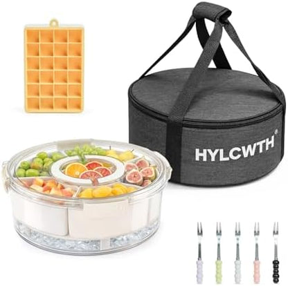 Divided Serving Tray with Lid and Handle, Rounded Snackle Box with 6 Compartments and Chill Base for Fruits, Candy, Veggie, Travel Snack Container with Portable Insulated Bag & Ice Cube Tray & 5 Forks