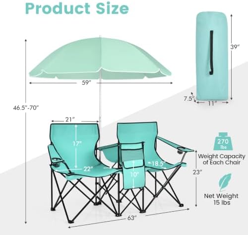 Goplus Double Camping Chairs with Umbrella, Cooler for Beach Patio